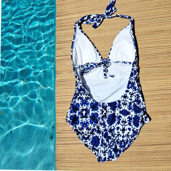 Nanette Lepore St. Etienne Goddess One Piece Swimsuit Small Blue Floral Halter - Picture 4 of 7